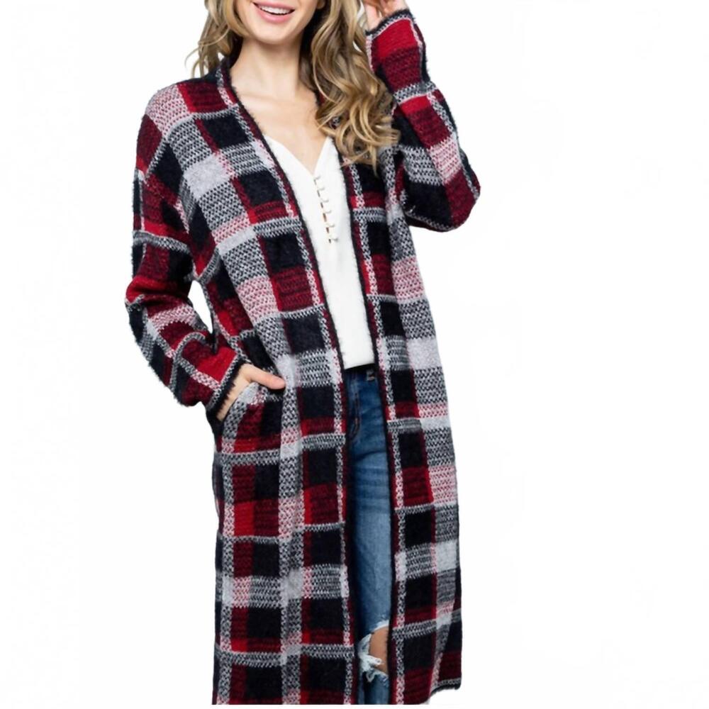 NEW SWEET LOVELY BY JEN belle plaid print cardigan - plus in red